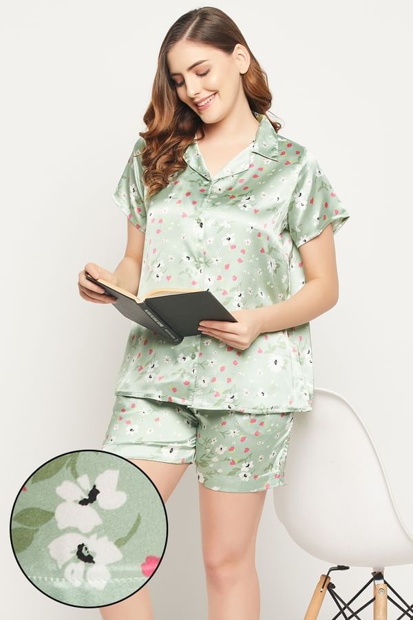 Buy Pretty Florals Button Down Shirt & Shorts Set in Sage Green Satin Online India, Best
