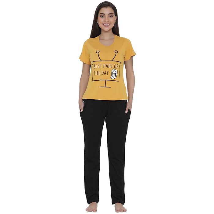 

Clovia Cotton Rich Text Print T-shirt & Pyjama Set In Yellow - LS0244R07, Mustard