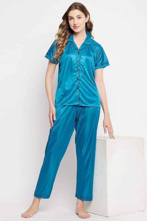 Buy Chic Basic Button Down Shirt & Pyjama Set in Teal Blue - Satin ...