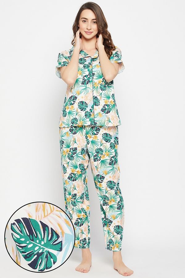 Buy Tropical Leaf Print Button Down Shirt & Pyjama Set in White - Rayon ...