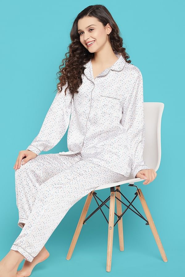 Buy Dot Print Button Down Shirt & Pyjama Set in White - Satin Online ...