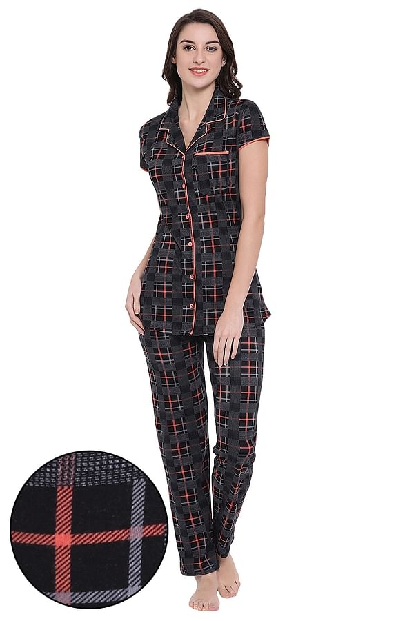 Buy Classy Checks Button Down Shirt & Pyjama Set in Dark Grey - Cotton ...