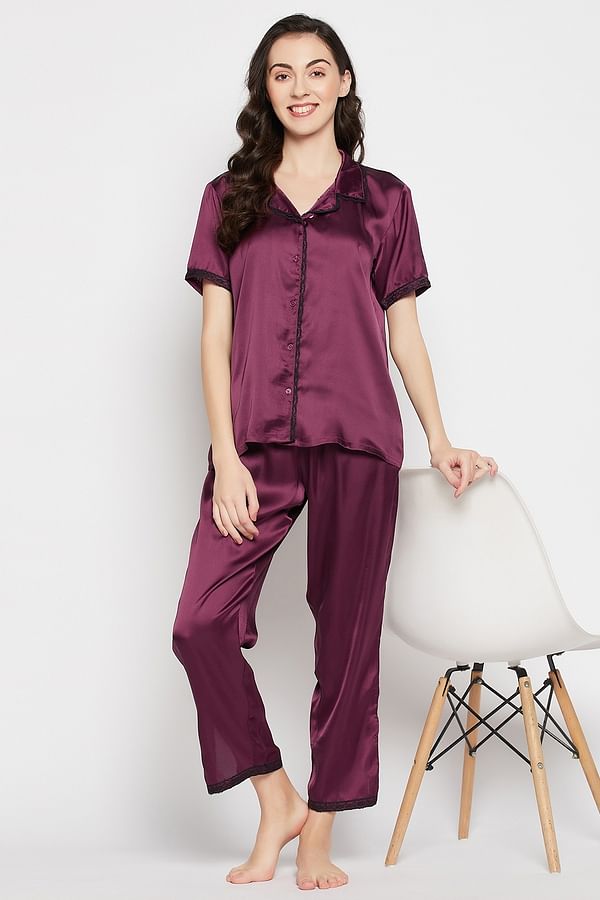 Buy Chic Basic Button Down Shirt & Pyjama Set in Wine Colour - Satin ...