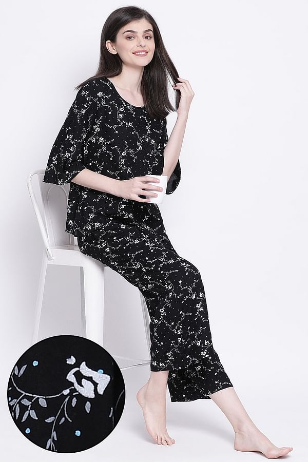 [Size S] Pretty Florals Top & Pyjama in Black Rayon