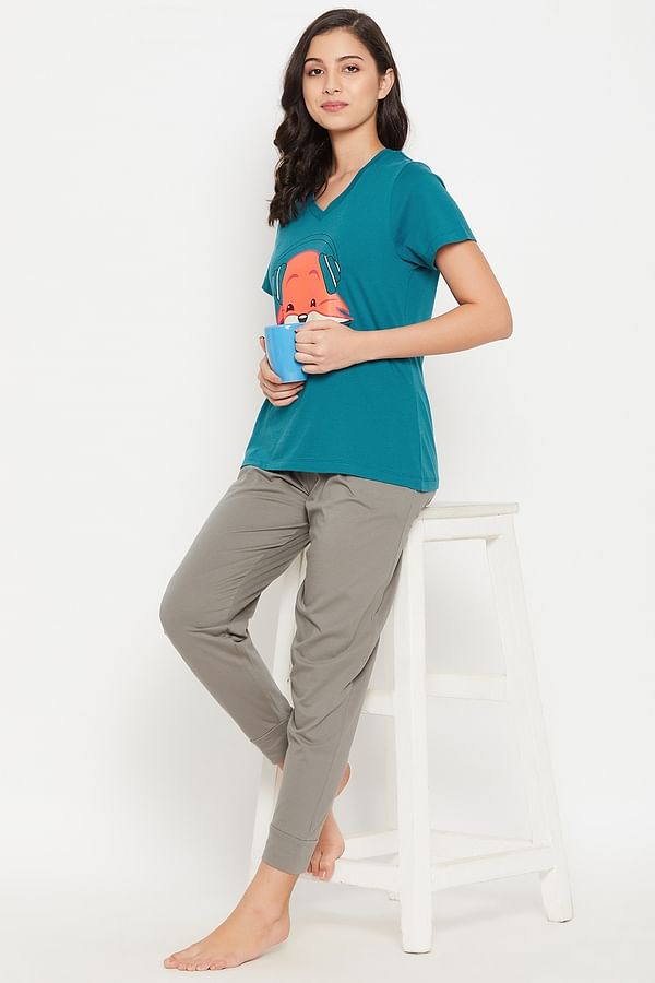 Fox Emoji Print Top in Teal Green & Solid Jogger in Taupe - 100% Cotton