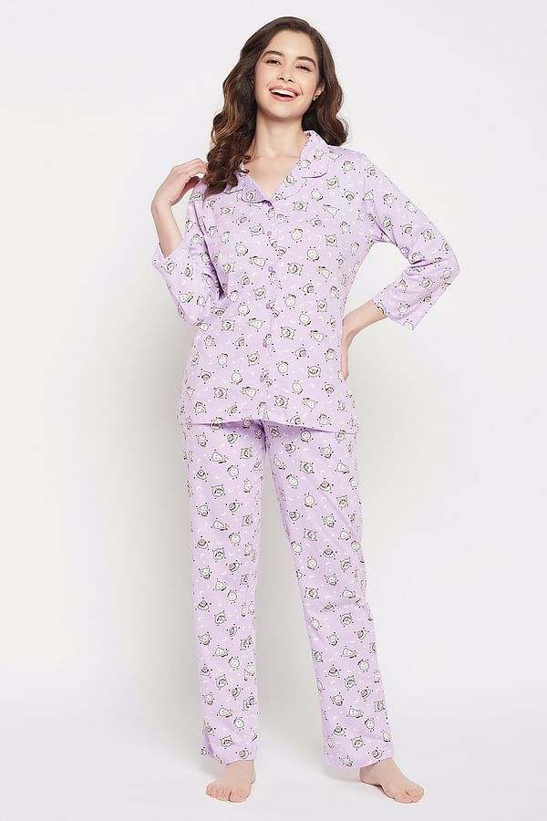 Buy Sheep Print Button Down Shirt & Pyjama Set in Lilac - 100% Cotton ...