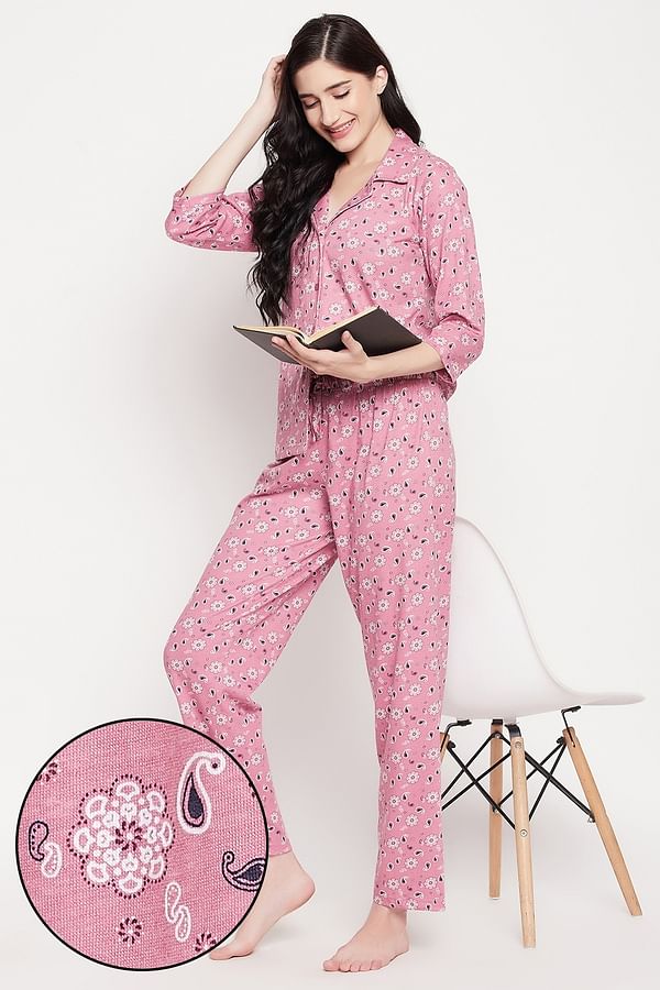 Buy Paisley Print Button Down Shirt & Pyjama Set in Baby Pink - 100% ...