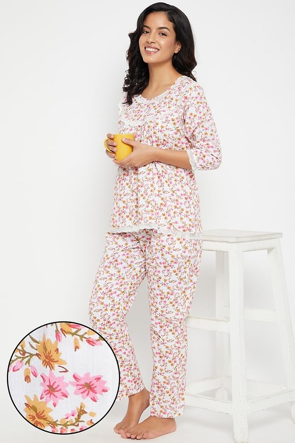 Buy Pretty Florals Top & Pyjama Set in White - 100% Cotton Online India ...