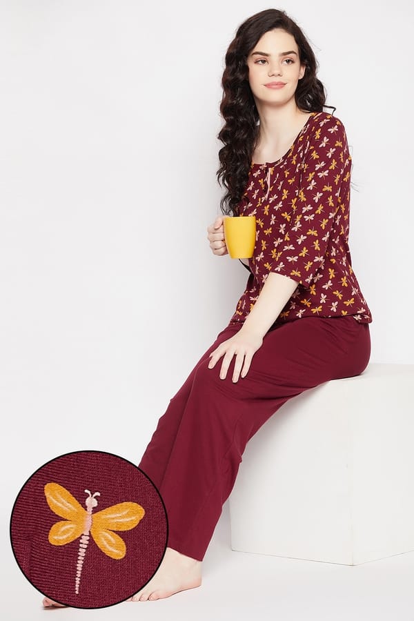 Buy Butterfly Print Top & Solid Pyjama Set in Plum Colour - 100% Cotton ...