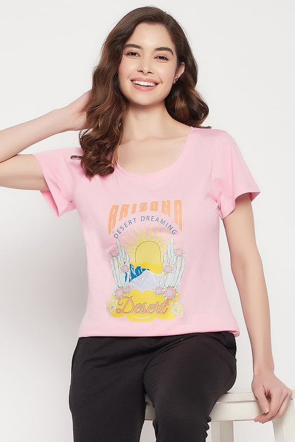 Buy Graphic & Text Print Top in Soft Pink - 100% Cotton Online India ...