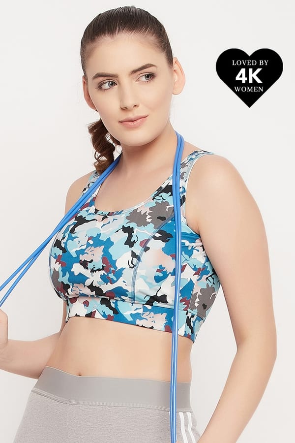 Buy Medium Impact Padded Camouflage Print Sports Bra in Sky Blue Online
