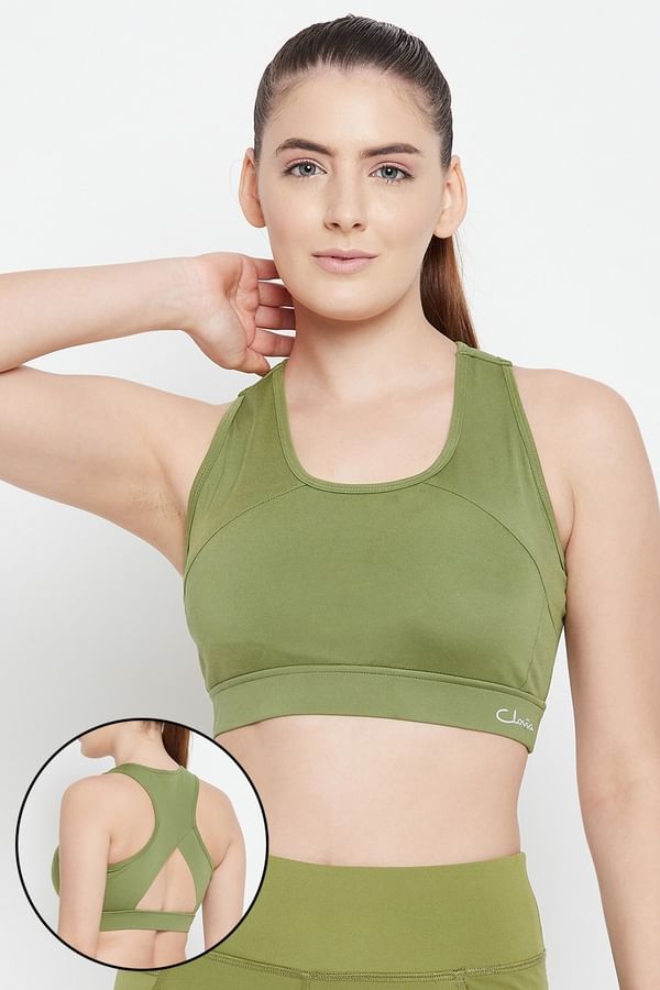 Buy Medium Impact Padded Racerback Sports Bra in Olive Green Online