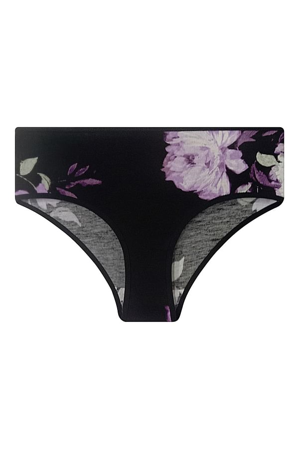 Buy Mid Waist Floral Print Hipster Panty in Black Cotton Online India