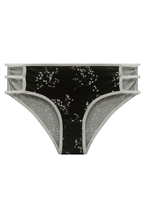 Buy Mid Waist Floral Print Hipster Panty in Black with Cage Sides