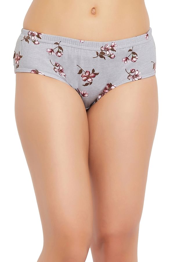 Buy Mid Waist Floral Print Hipster Panty In Grey Melange With Inner Elastic 100 Cotton Online 6839