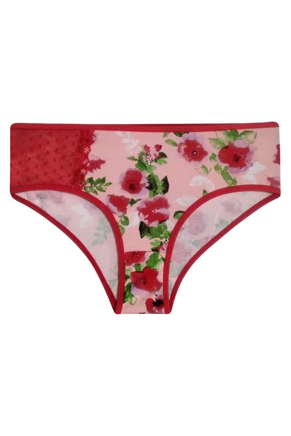 Buy Mid Waist Floral Print Hipster Panty with Lace Panel in Pink