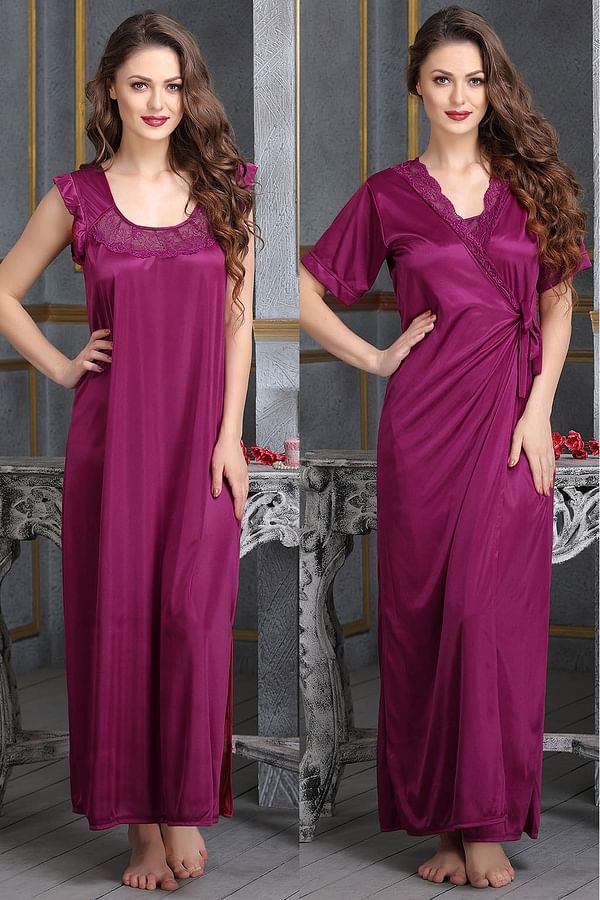 Buy Long Night Dress & Robe Set in Purple- Satin Online India, Best ...