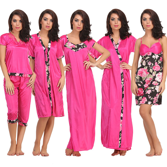

Clovia 6 PC Nightwear Set In Pink - NSH006Q13, Black