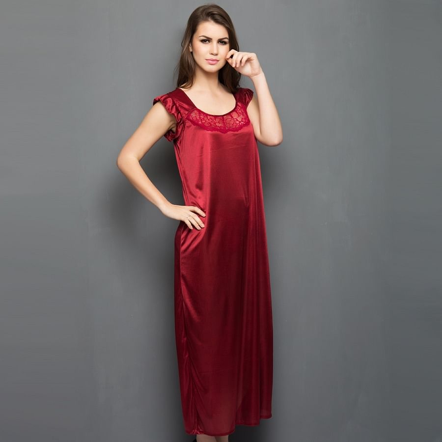 Satin Nightie In Maroon, Nightwear :: Sale Online Lingerie Shopping: Clovia