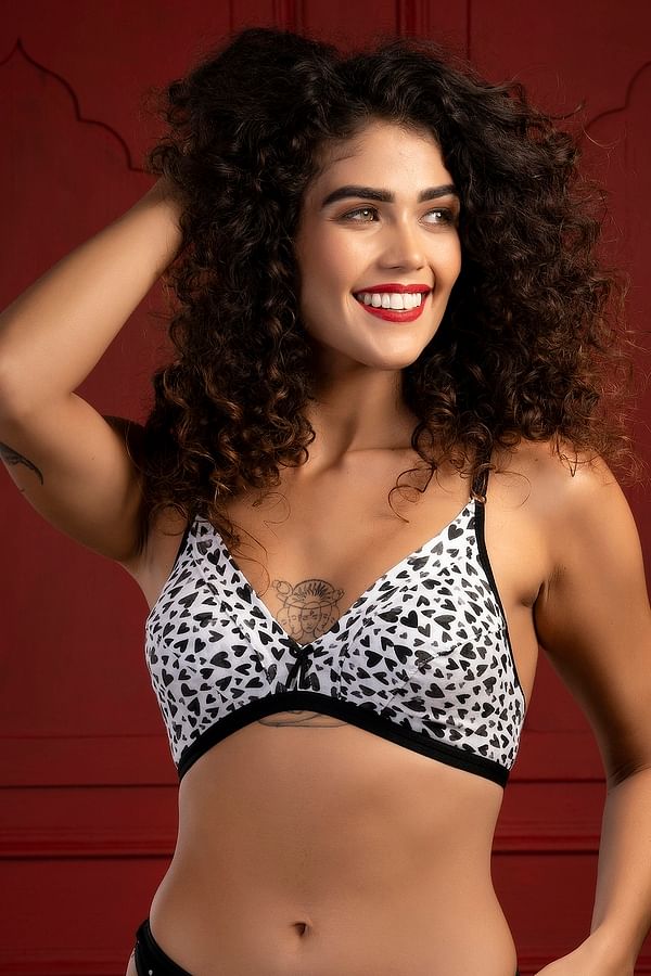 Buy Non Padded Non Wired Demi Cup Heart Print Plunge Bra In White Cotton Rich Online India 