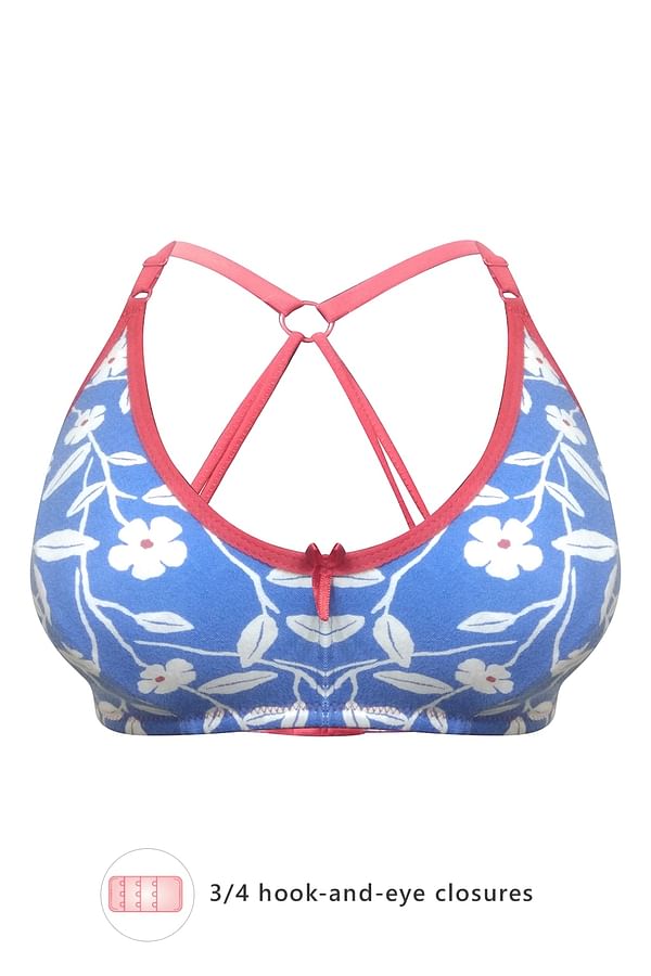 Buy Non Padded Non Wired Floral Print Full Cup Racerback Bra In Blue Cotton Online India Best 