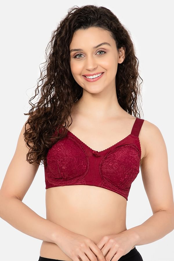 Buy Non Padded Non Wired Full Cup Minimiser Bra In Maroon Lace Online India Best Prices COD