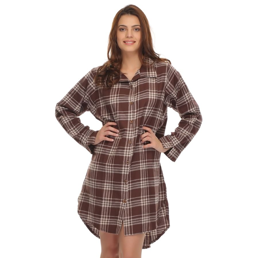 Buy Drak Brown Color Cotts Wool Long Shirt in Plaid Online India, Best