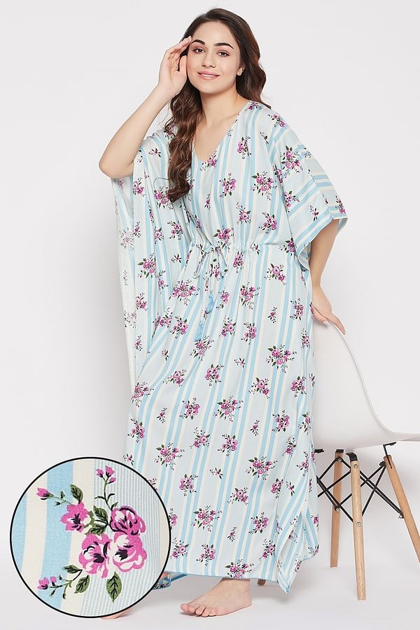 Buy Pretty Florals Long Kaftan in Sky Blue - Rayon Online India, Best ...