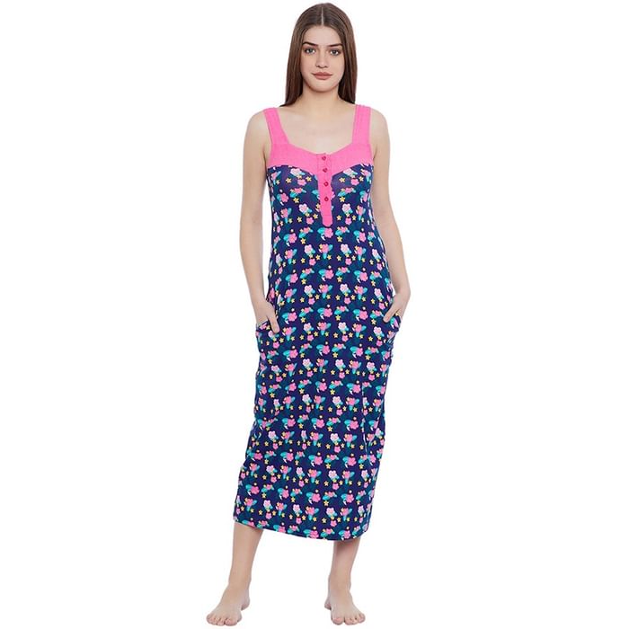 

Clovia Cotton Rich Floral Print Long Night Dress - NS1057R08, Navy