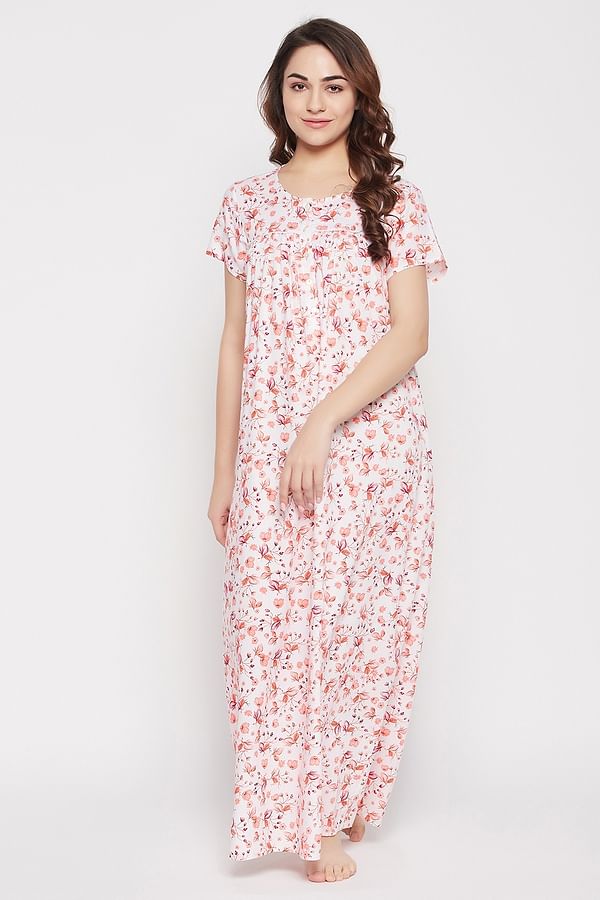 Buy Pretty Florals Long Night Dress in White - Rayon Online India, Best ...