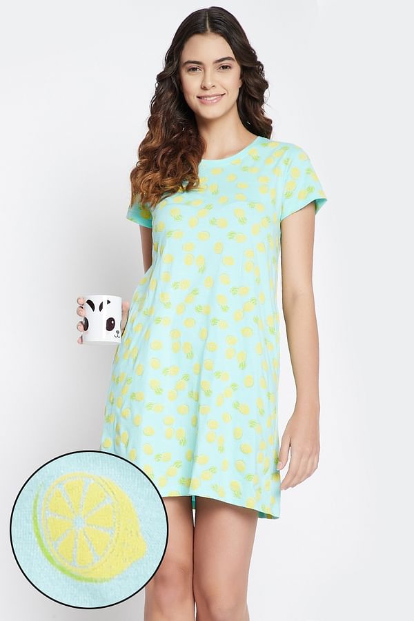 Lemon Print Knee Length Short Nightdress in Cyan + Mini Body Butter with Shea Butter & Cocoa