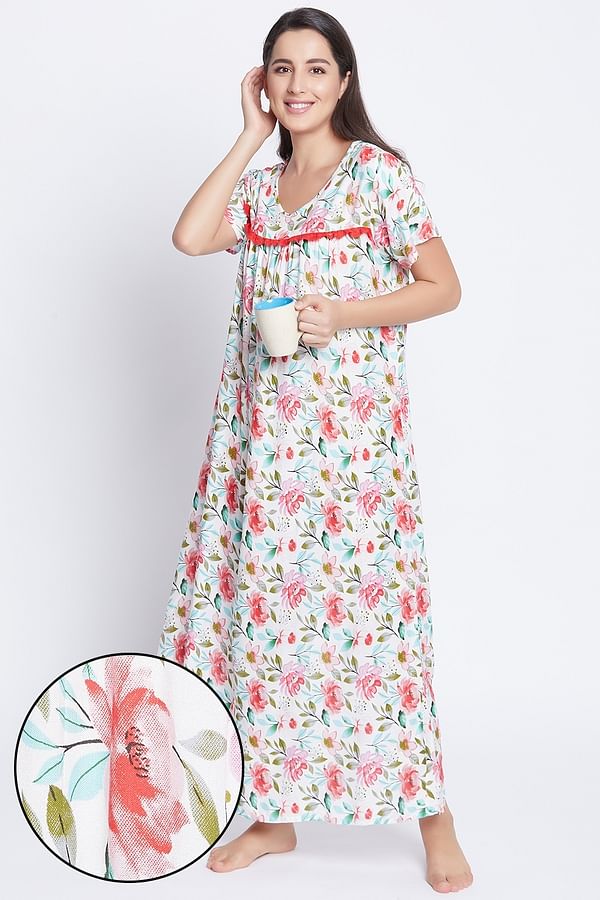 Buy Pretty Florals Long Nightdress In White - Rayon Online India, Best 