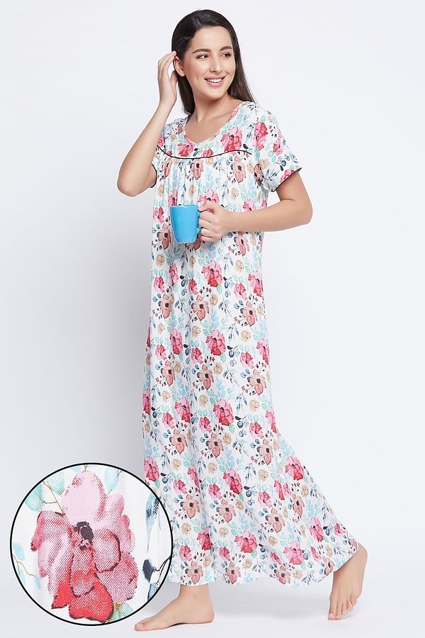 Buy Pretty Florals Long Nightdress in White - Rayon Online India, Best ...