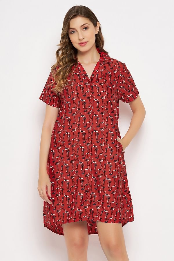 Buy Flamingo Print Short Night Dress in Red - Crepe Online India, Best ...