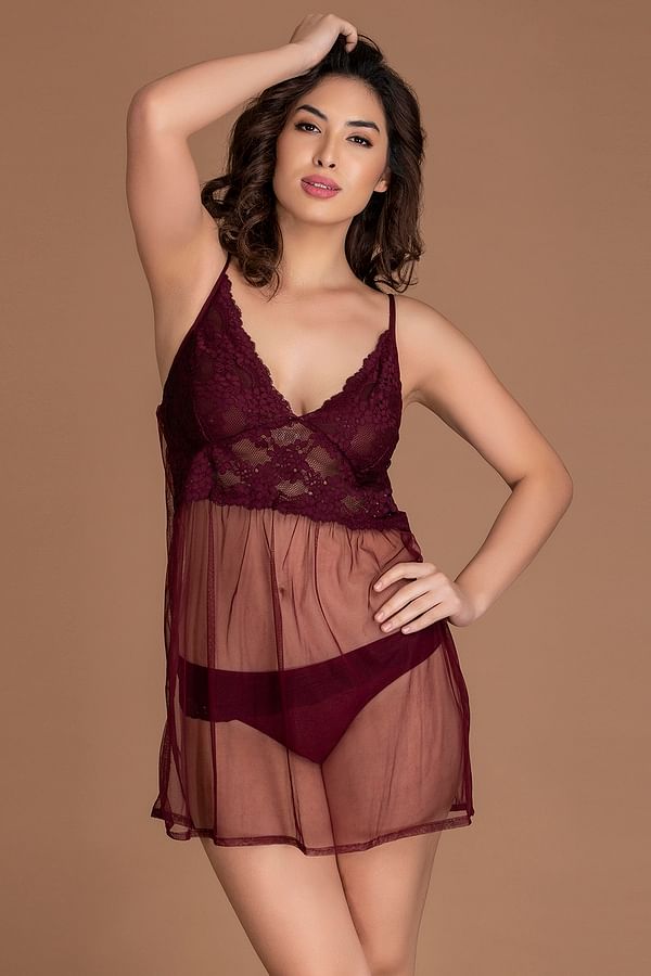 Buy Bra Panty Set with Babydoll & G-string in Maroon Online India, Best  Prices, COD - Clovia - NSC299P15
