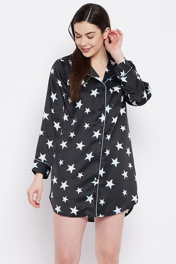 Buy Star Print Button Me Up Short Nightdress in Black - Satin Online ...