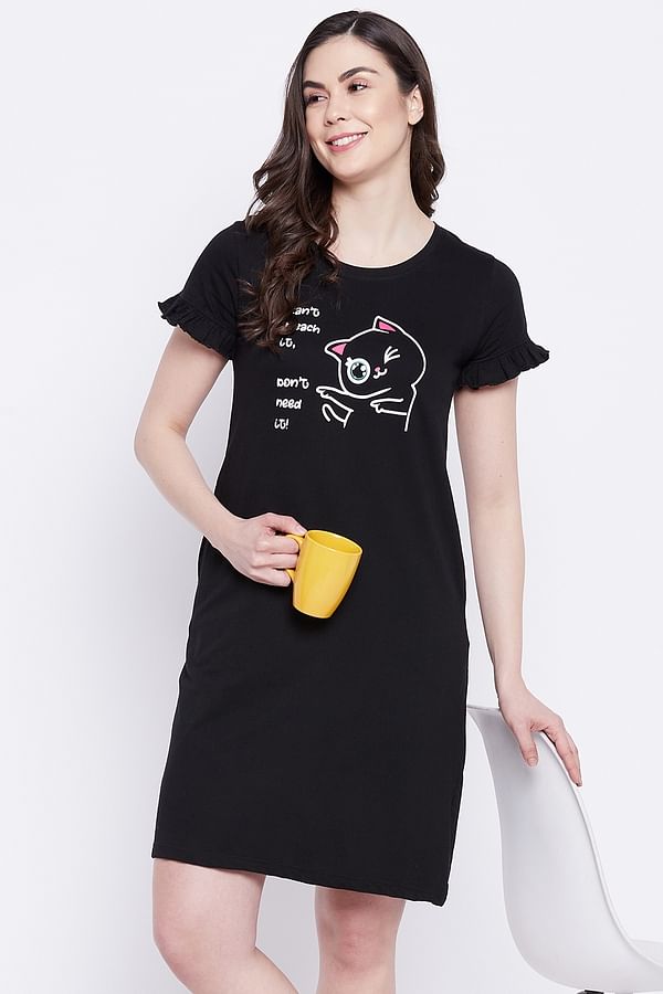 Buy Quirky Quote Print Short Night Dress in Black - 100% Cotton Online ...