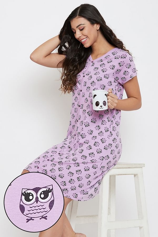 Buy Owl Print Short Night Dress in Lilac - 100% Cotton Online India ...