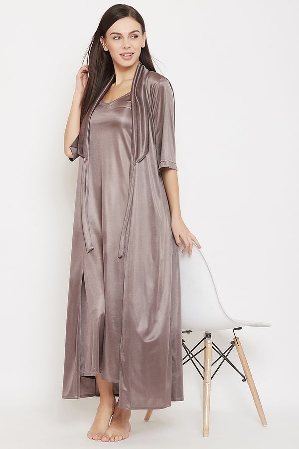 Buy Chic Basic Long Night Dress with Robe in Brown - Poly Satin Online ...