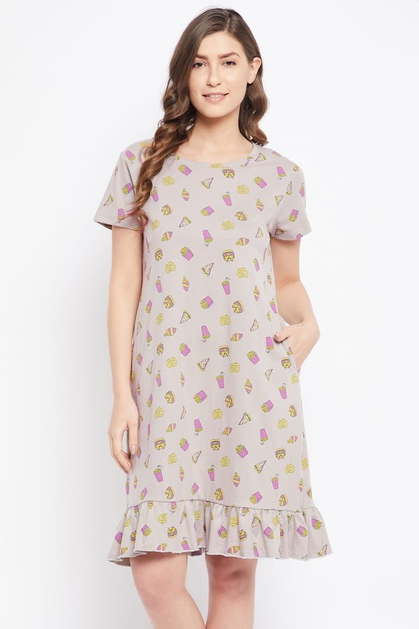 Buy Print Me Pretty Short Night Dress in Grey 100 Cotton Online