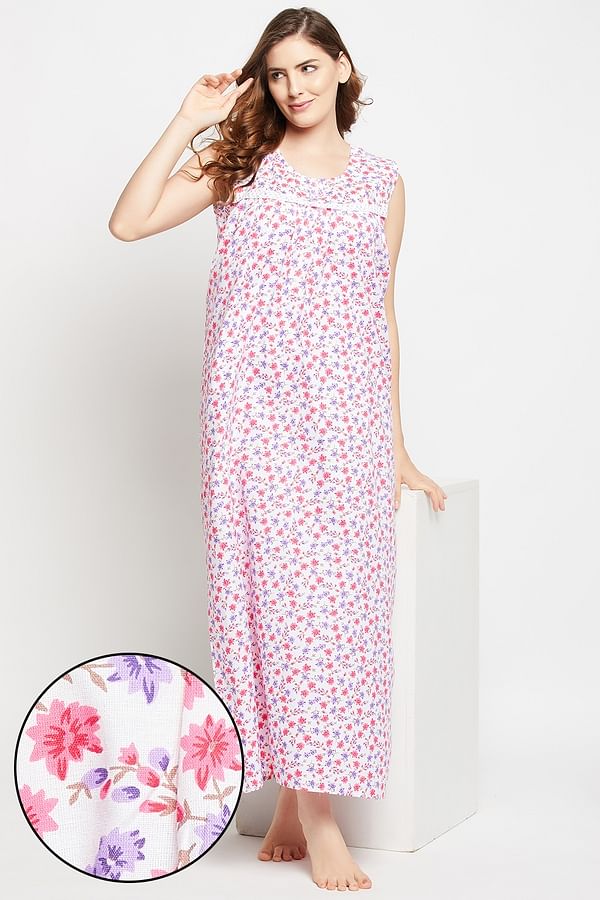 Buy Pretty Florals Long Nighty in White - 100% Cotton Online India ...