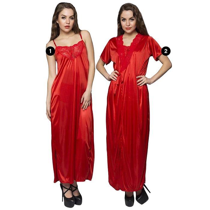 

Clovia Satin Nighty & Robe - NSC276C04, Red