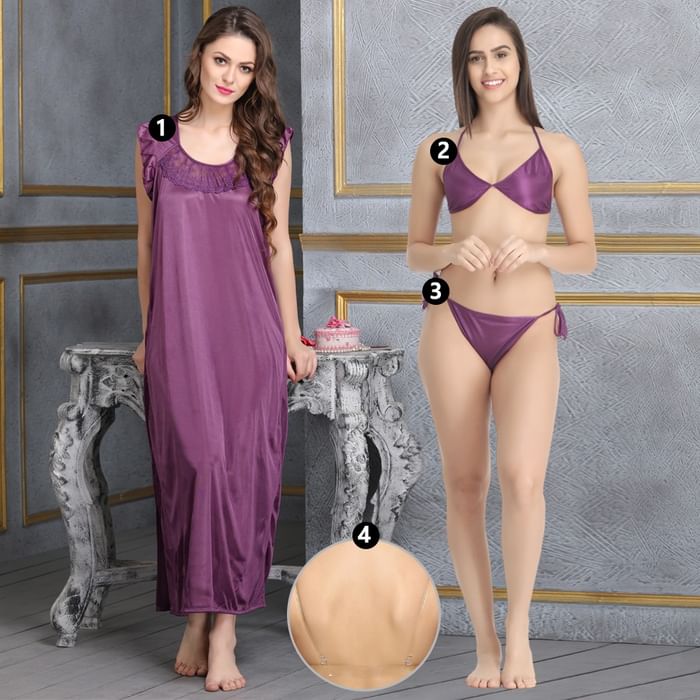 

Clovia 4 Pcs Set of Long Nighty- Bra & Bikini- Transparent Straps - NSC282C12, Lavender
