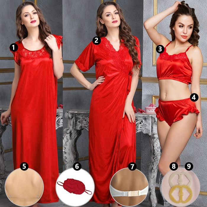 

Clovia Satin 9 Pcs Combo Set - NSC285C04, Red