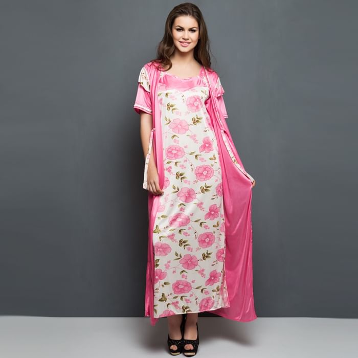 

Clovia Satin Floral Print Nighty & Robe - NSC286G22, Light pink