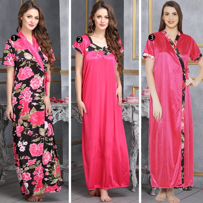 

Clovia Set of Satin Nighty & 2 Robes - NSC287G13, Black