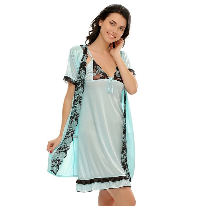 

Clovia Satin Short Nighty & Robe - NSC451C03, Light blue