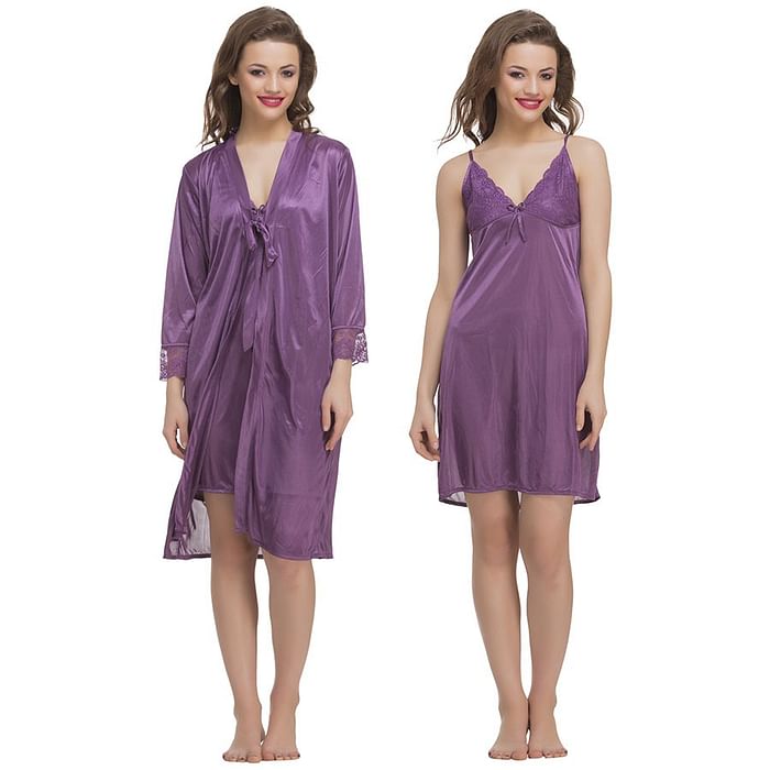 

Clovia Satin Short Nighty & Robe - NSC484C12, Lavender