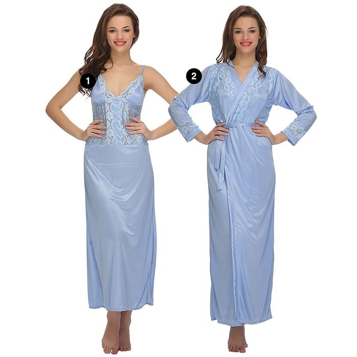 

Clovia Satin Nighty & Robe - NSC517C03, Light blue