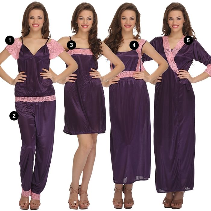 

Clovia 5 Pc Nightwear Set - NSC564C15, Purple